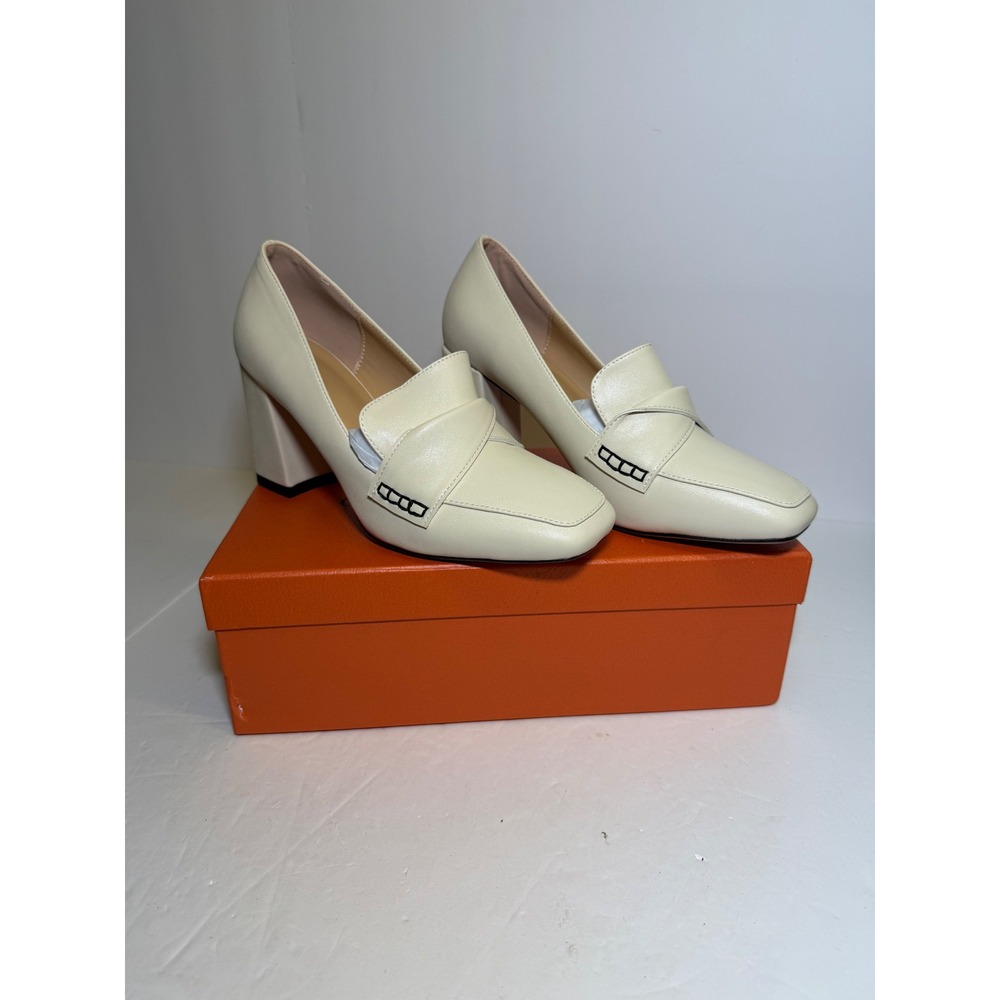 Grace Every Step Womens Cream Block Heel Loafers Square Toe Pumps Size 6 EU 36